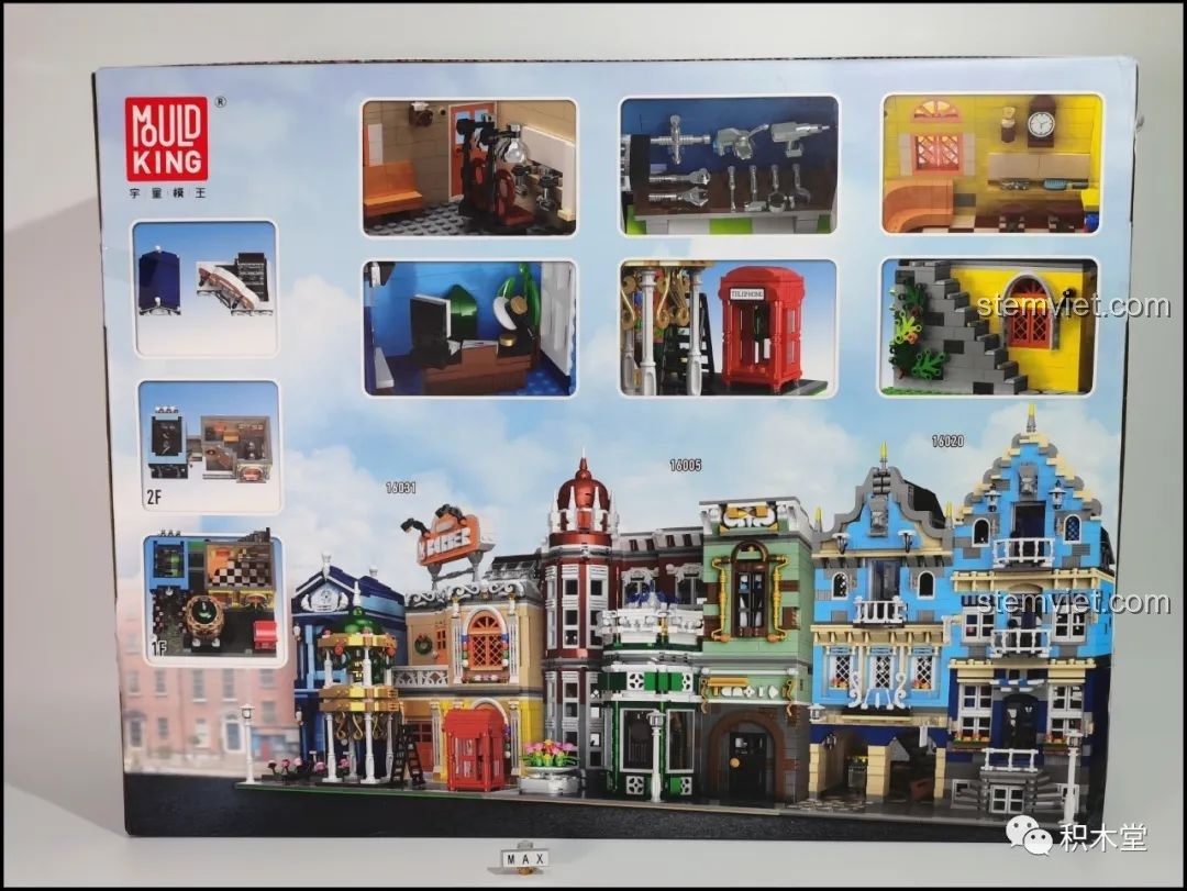 Mặt sau hộp Mould King 16031 Tiệm Cắt Tóc Phố Nhỏ, giới thiệu các chi tiết nội thất và khả năng kết hợp với các bộ khác.