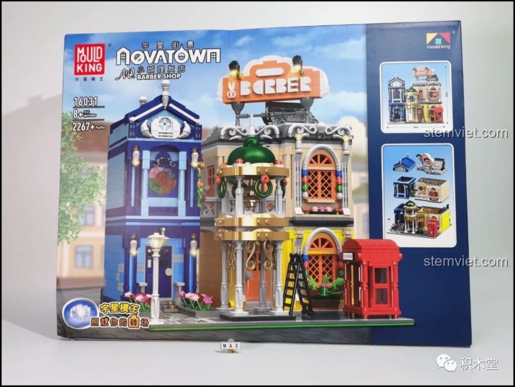 Hộp sản phẩm Mould King 16031 Tiệm Cắt Tóc Phố Nhỏ với hình ảnh mô hình hoàn chỉnh, thu hút mọi ánh nhìn.