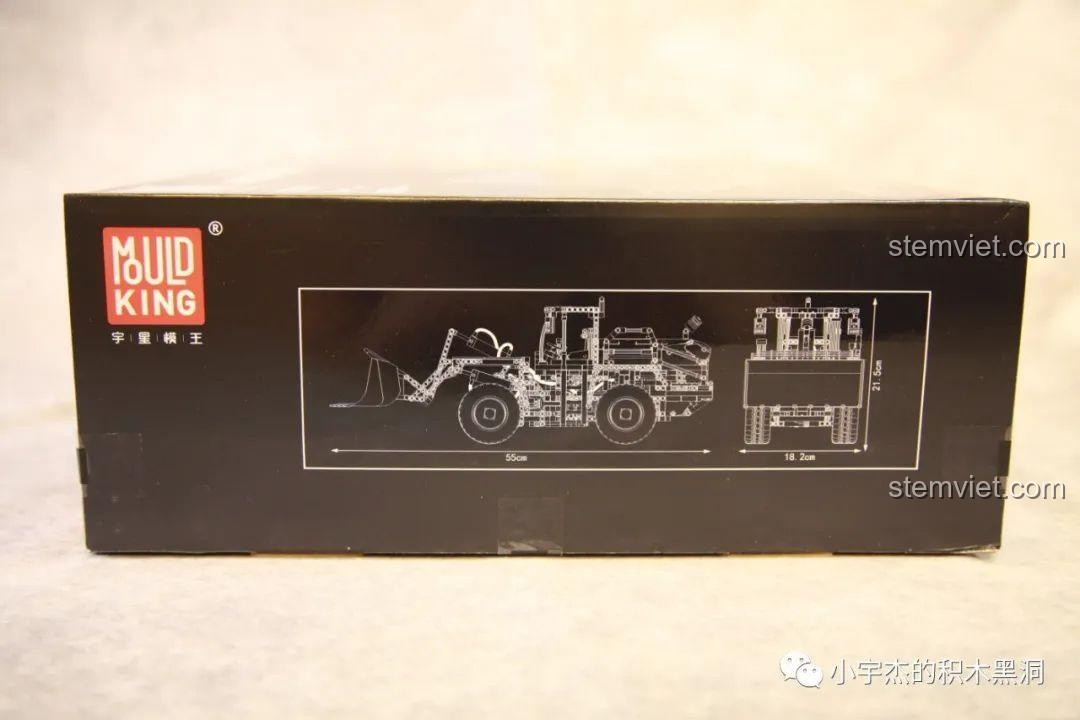 Hộp sản phẩm Mould King 17026 Xe xúc lật khí nén Liebherr L550 với các thành phần điện và khí nén, bộ lắp ghép công trình hiện đại.