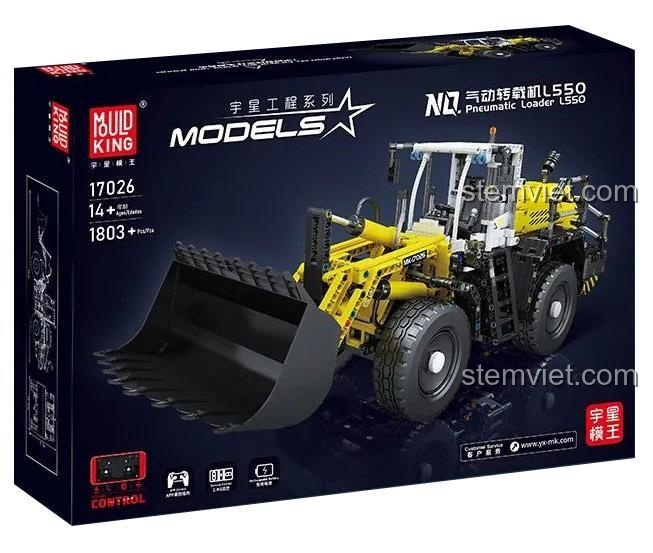Hộp sản phẩm bộ lắp ghép Mould King 17026 Xe xúc lật khí nén Liebherr L550, đồ chơi mô hình chất lượng cao cho bé trai 14 tuổi.