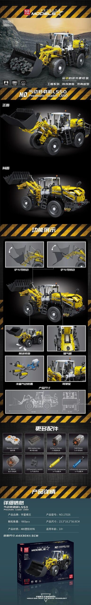 Infographic chi tiết về Xe xúc lật Liebherr L550 Mould King 17026, bao gồm kích thước, số mảnh ghép và các tính năng khí nén, giúp bé trai 14 tuổi phát triển tư duy.