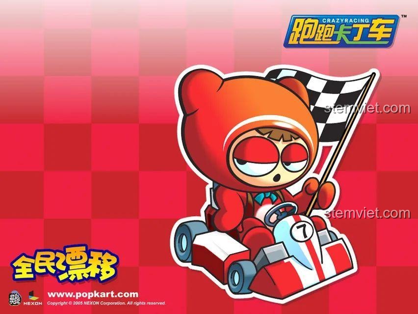 Hình ảnh nhân vật game KartRider dễ thương ngồi trên xe kart, gợi nhớ về tựa game đua xe huyền thoại một thời.