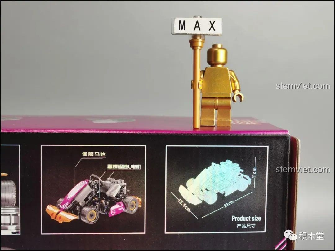 Chi tiết kích thước mô hình xe kart Mould King 18026 được in trên hộp, cho thấy sự nhỏ gọn của sản phẩm.