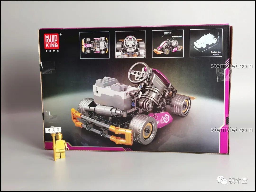 Mặt sau hộp Mould King 18026 Xe Kart Điều Khiển Từ Xa, hiển thị các góc nhìn chi tiết của mô hình và thông số kỹ thuật.
