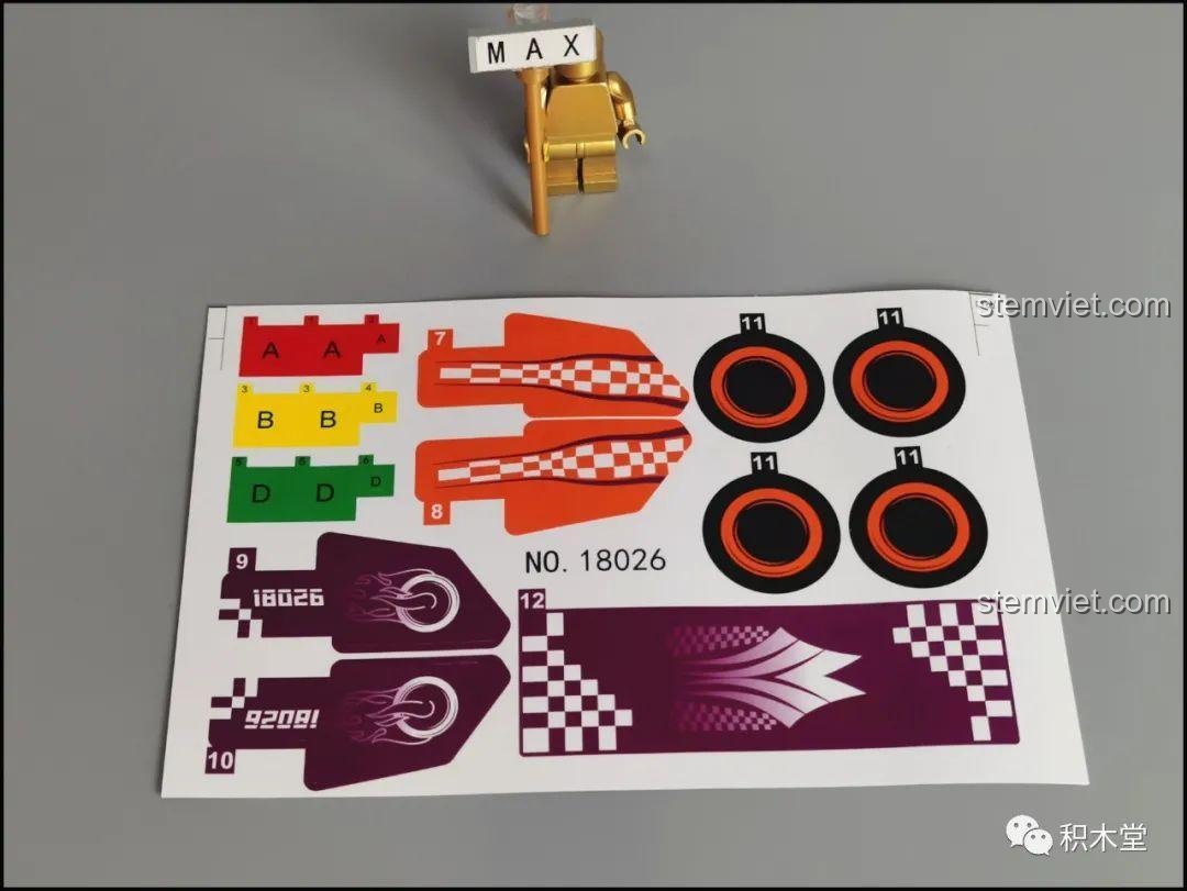 Bộ sticker chất lượng cao với các họa tiết đua xe và số hiệu 18026, dùng để trang trí cho mô hình xe kart Mould King.