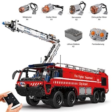 Bộ lắp ráp Xe cứu hỏa sân bay Mould King 19004 với chức năng phun nước và điều khiển từ xa, món quà tuyệt vời cho con trai 14 tuổi.