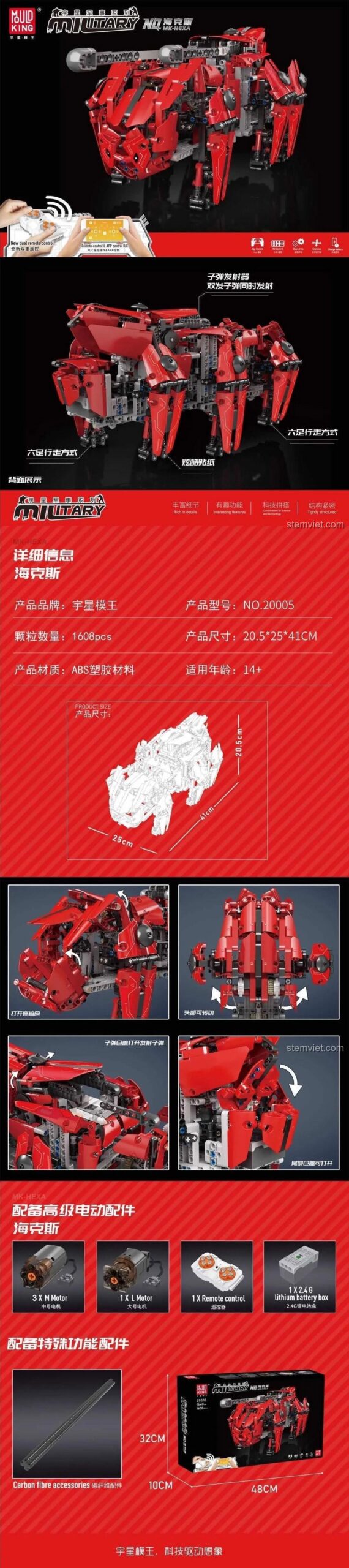 Thông số kỹ thuật và các tính năng của đồ chơi lắp ghép 20005 Cỗ Máy Chiến Đấu Hexapod từ Mould King, bao gồm 1608 chi tiết và bộ động cơ điều khiển từ xa.