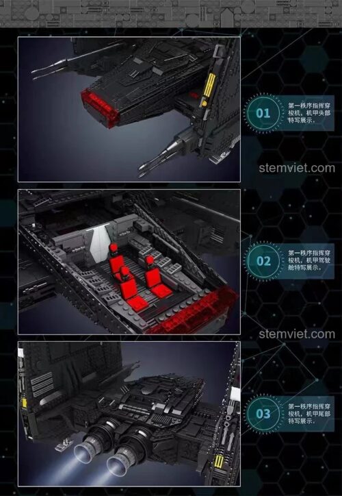 Bộ đồ chơi lắp ghép Phi Thuyền Chỉ Huy Hạng Nặng UCS Mould King 21011 hiển thị các chi tiết đầu, khoang lái và động cơ phía sau, mang đến trải nghiệm lắp ráp chất lượng cao cho thanh niên 14 tuổi.