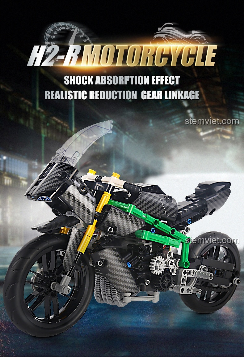 Mô hình H2-R Motorcycle Mould King 23002 với hiệu ứng giảm xóc và liên kết bánh răng thực tế