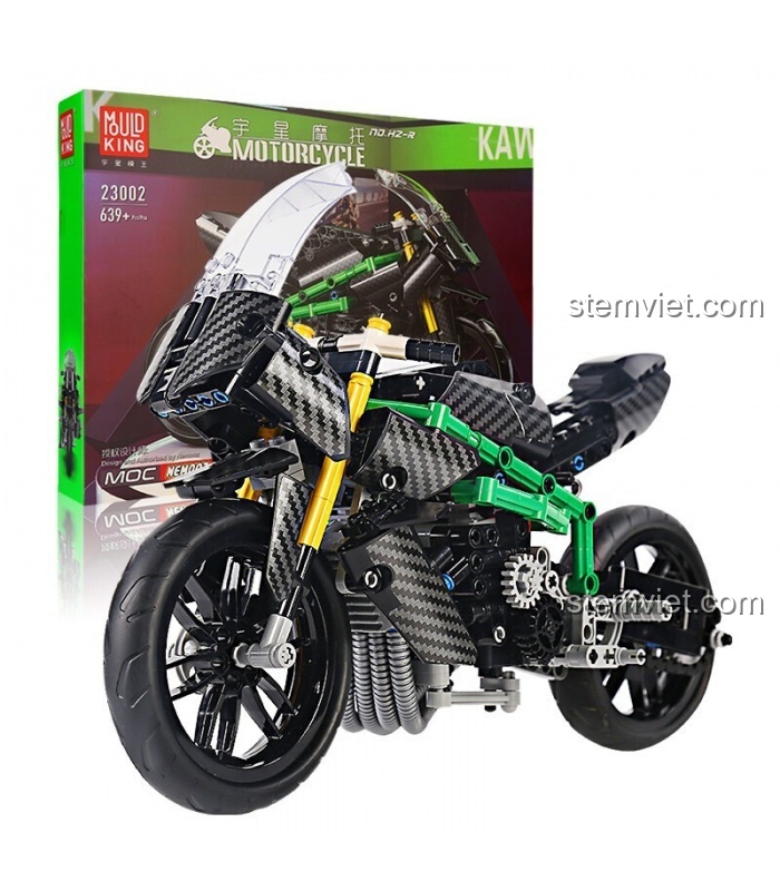 Hộp và mô hình bộ đồ chơi Mould King 23002 Mô tô Kawasaki H2R, đồ chơi mô hình xe phân khối lớn