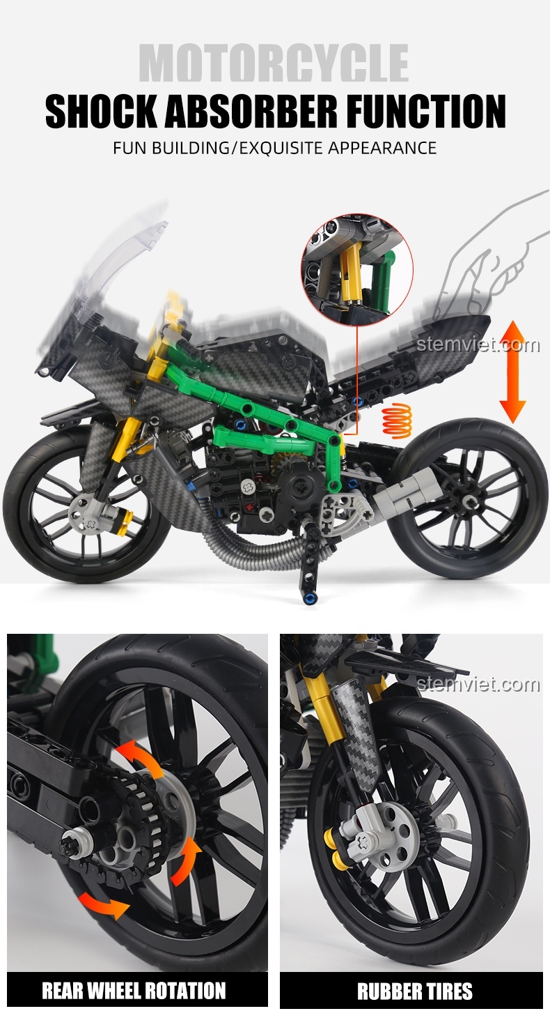 Tính năng giảm xóc hoạt động của bộ lắp ráp Mould King 23002 Mô tô Kawasaki H2R, đồ chơi xe mô tô