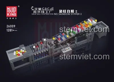 Ảnh quảng cáo của bộ đồ chơi Mould King 26009 với tên gọi Great Ball Contraption No. Rainbow Stepper 2, 1281+ chi tiết.