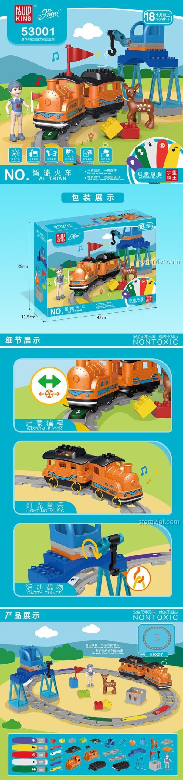Chi tiết đồ chơi Mould King 53001 Tàu hỏa thông minh AI, bộ đồ chơi có đèn LED và âm thanh, giúp bé phát triển trí tuệ.