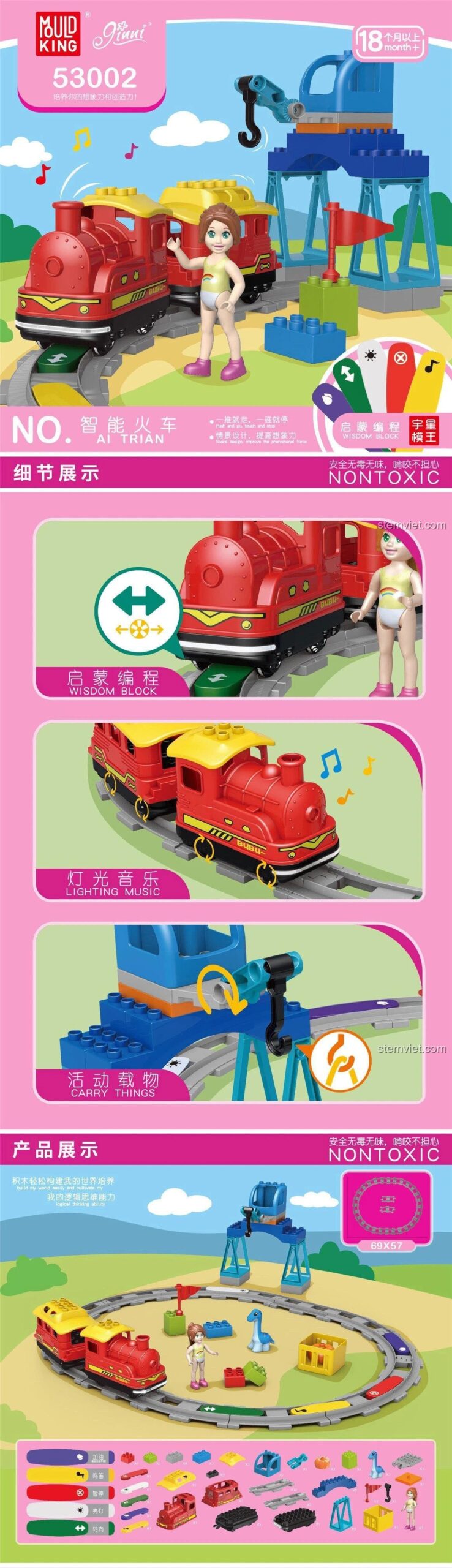 Xe Lửa Thông Minh AI Mould King 53002 với tính năng lập trình đơn giản, đồ chơi mô hình cho bé 1 tuổi, chất lượng cao, giá tiết kiệm.