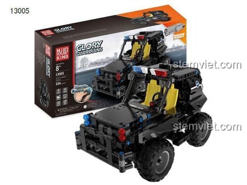 Hộp sản phẩm MouldKing 13005 Xe Cảnh Sát Tuần Tra, hiển thị hình ảnh xe và thông tin sản phẩm, 334 chi tiết, điều khiển từ xa.