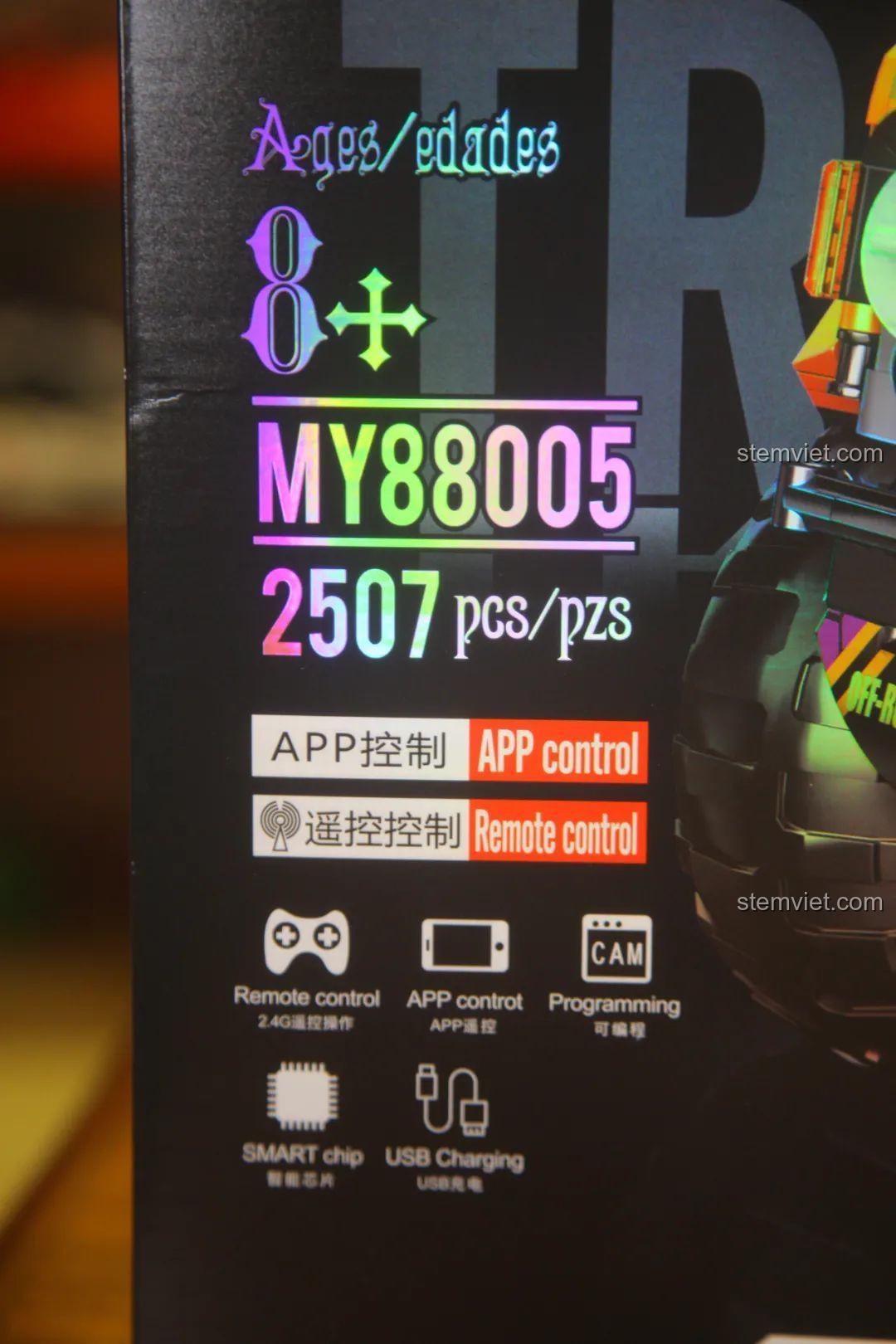 Ảnh chụp hộp sản phẩm đồ chơi lắp ráp MOYU BLOCK MY88005, nổi bật khả năng nâng cấp điều khiển từ xa.