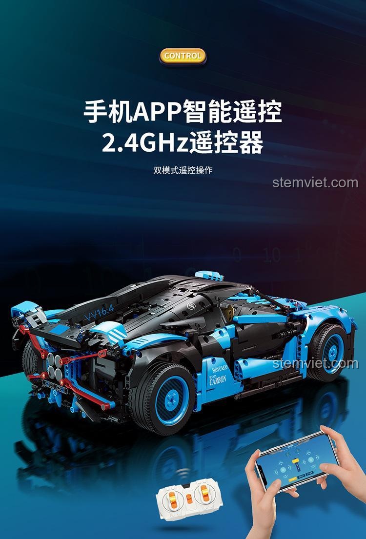 Giao diện điều khiển từ xa qua APP điện thoại và remote 2.4GHz của bộ lắp ráp Moyu Block MY88008 Bugatti Bolide, mang lại trải nghiệm chơi hiện đại cho bé trai 8 tuổi.