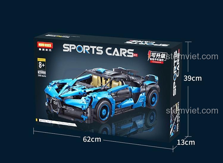 Kích thước hộp đựng bộ lắp ráp Moyu Block MY88008 Bugatti Bolide, dài 62cm, rộng 13cm, cao 39cm, tiện lợi cho việc vận chuyển và làm quà tặng.