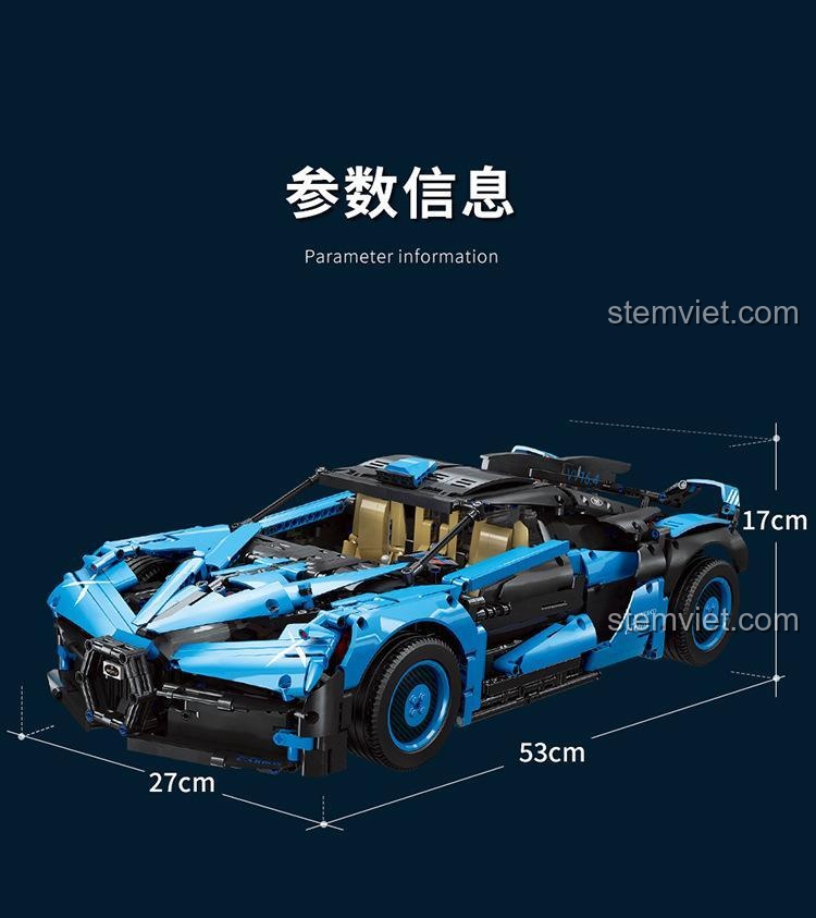 Kích thước chi tiết của mô hình siêu xe Bugatti Bolide Moyu Block MY88008, dài 53cm, rộng 27cm, cao 17cm, giúp bé trai 8 tuổi dễ hình dung.