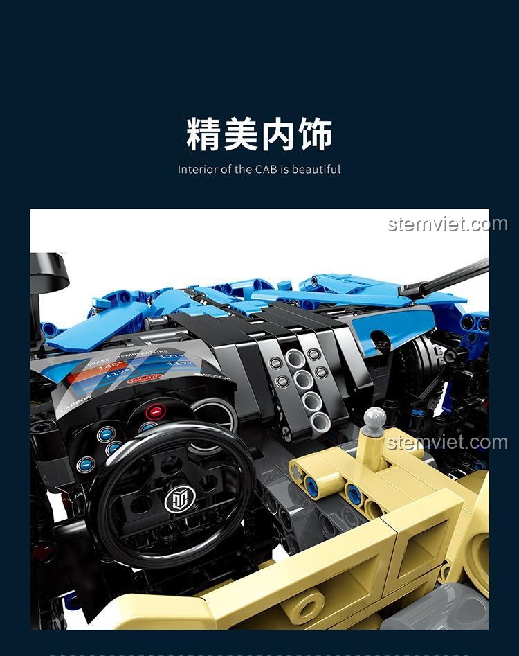 Nội thất tinh xảo của mô hình siêu xe Bugatti Bolide Moyu Block MY88008, thể hiện độ chi tiết cao, mang lại trải nghiệm lắp ráp và trưng bày ấn tượng cho bé trai.