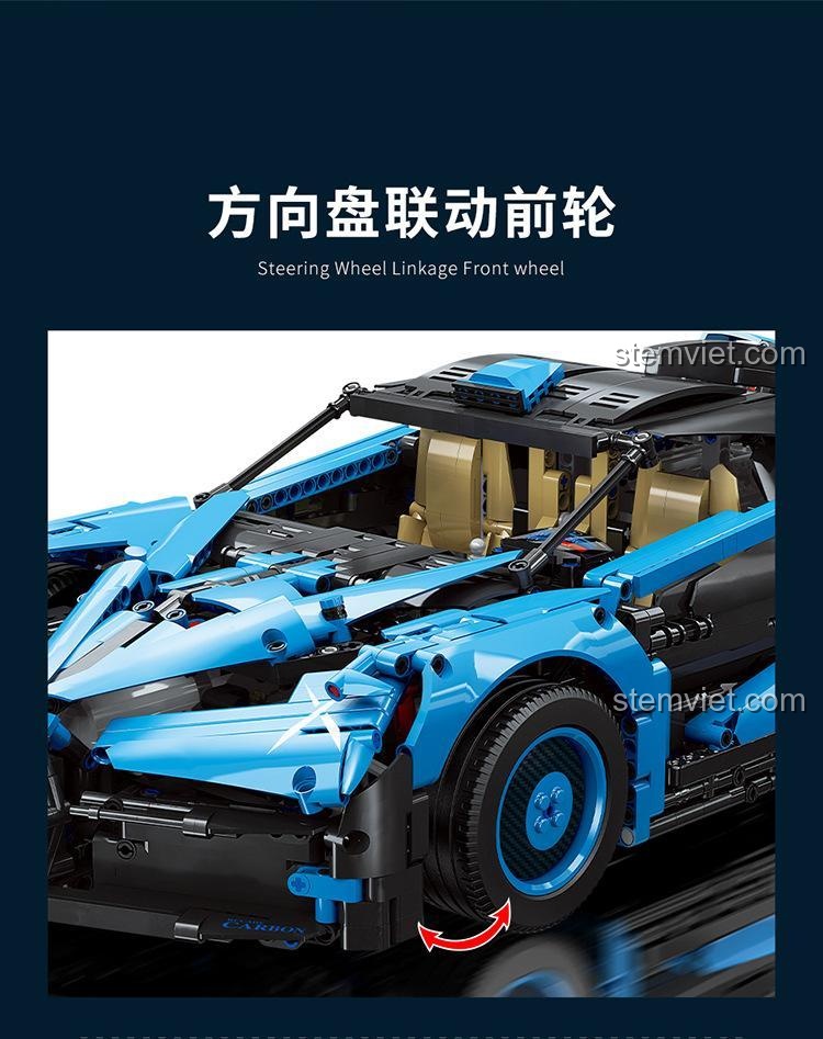 Hệ thống vô lăng điều khiển bánh trước của bộ lắp ráp Moyu Block MY88008 Bugatti Bolide, giúp bé trai 8 tuổi rèn luyện kỹ năng điều khiển và tư duy logic.