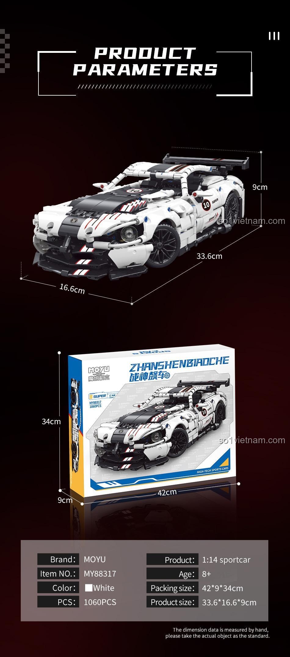 Thông số sản phẩm MOYU BLOCK MY88317 Xe Đua Thần Chiến Dodge Viper ACR, kích thước mô hình và hộp, đồ chơi lắp ráp cho con trai 8 tuổi