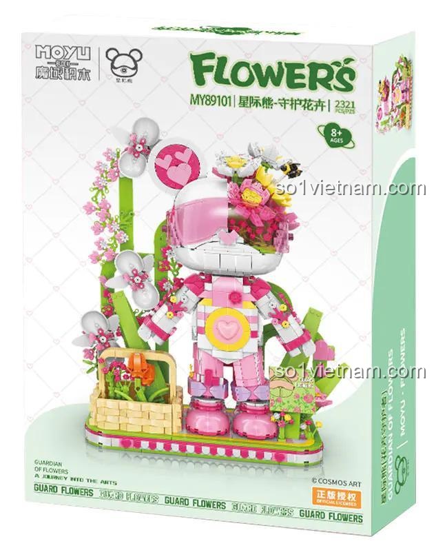 Hộp sản phẩm và Mô hình Gấu Vũ Trụ Bảo Vệ Hoa MOYU BLOCK MY89101