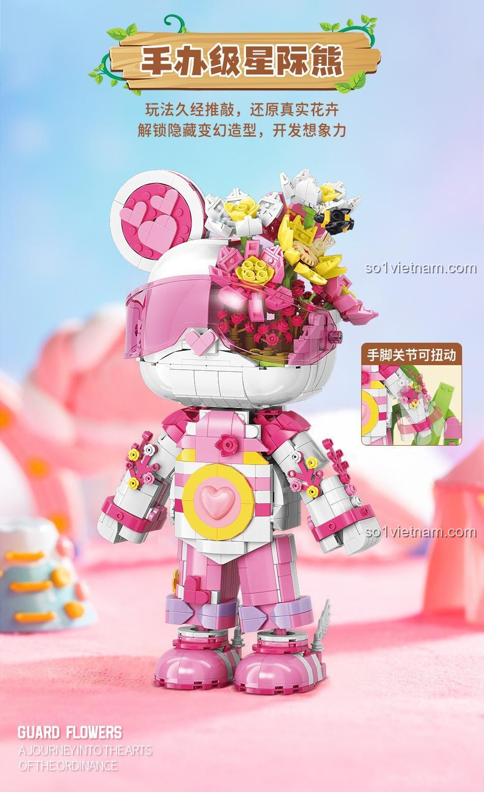 Mô hình Gấu Vũ Trụ Bảo Vệ Hoa MOYU BLOCK MY89101 với gió hoa và ong hút mật