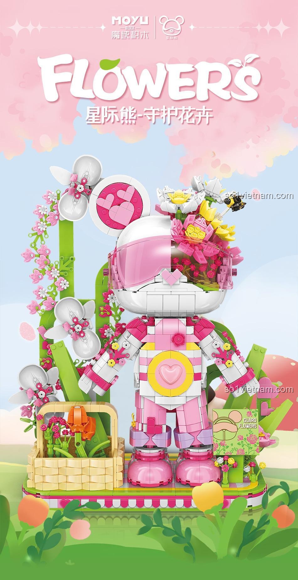 Mô hình Gấu Vũ Trụ Bảo Vệ Hoa MOYU BLOCK MY89101 với nhiều hoa