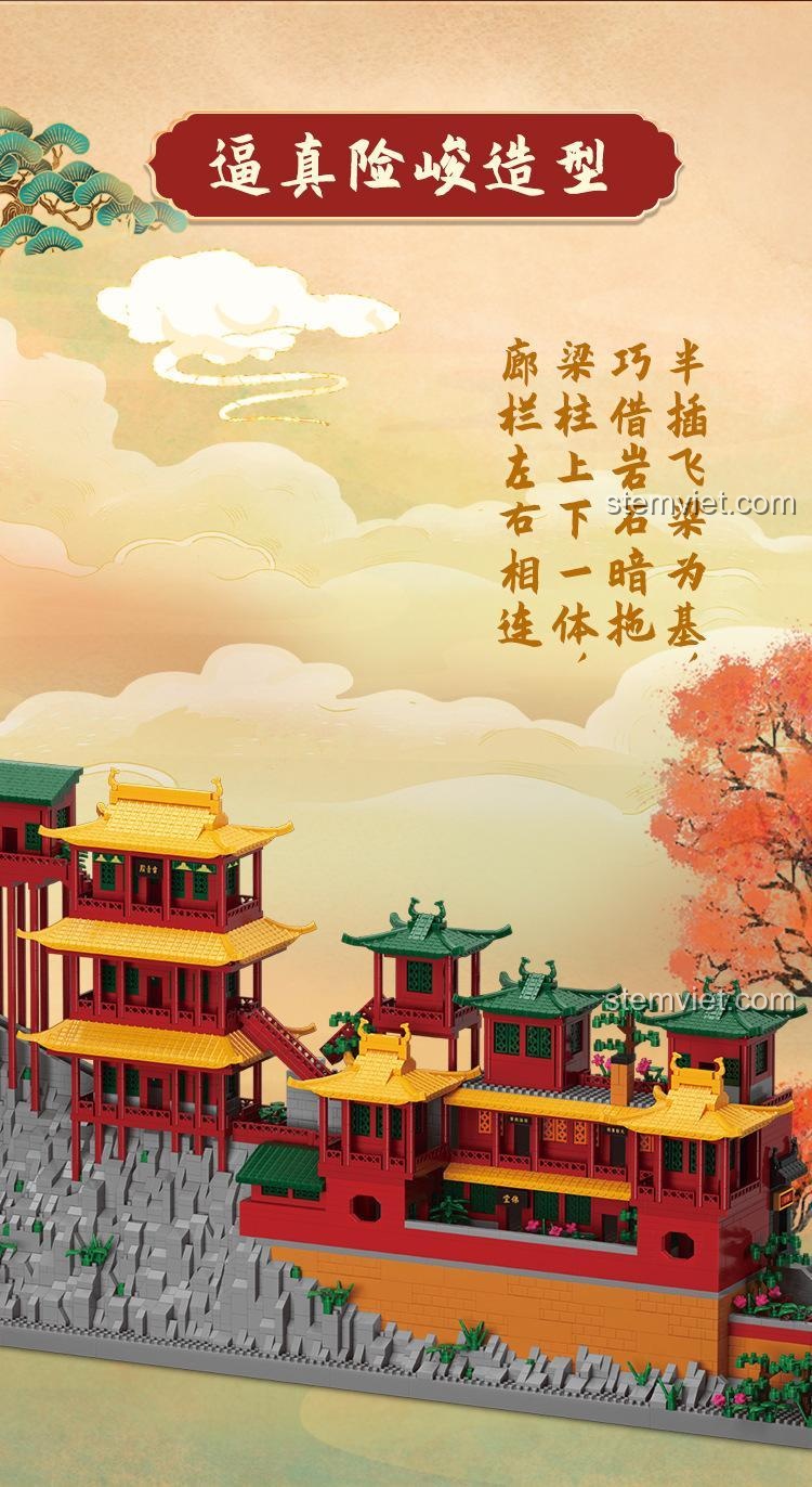 Bộ xếp hình Moyu Block MY92018 Chùa Treo Huyền Không Tự, mô hình kiến trúc cổ 6183 mảnh, chi tiết tinh xảo, đáng tiền