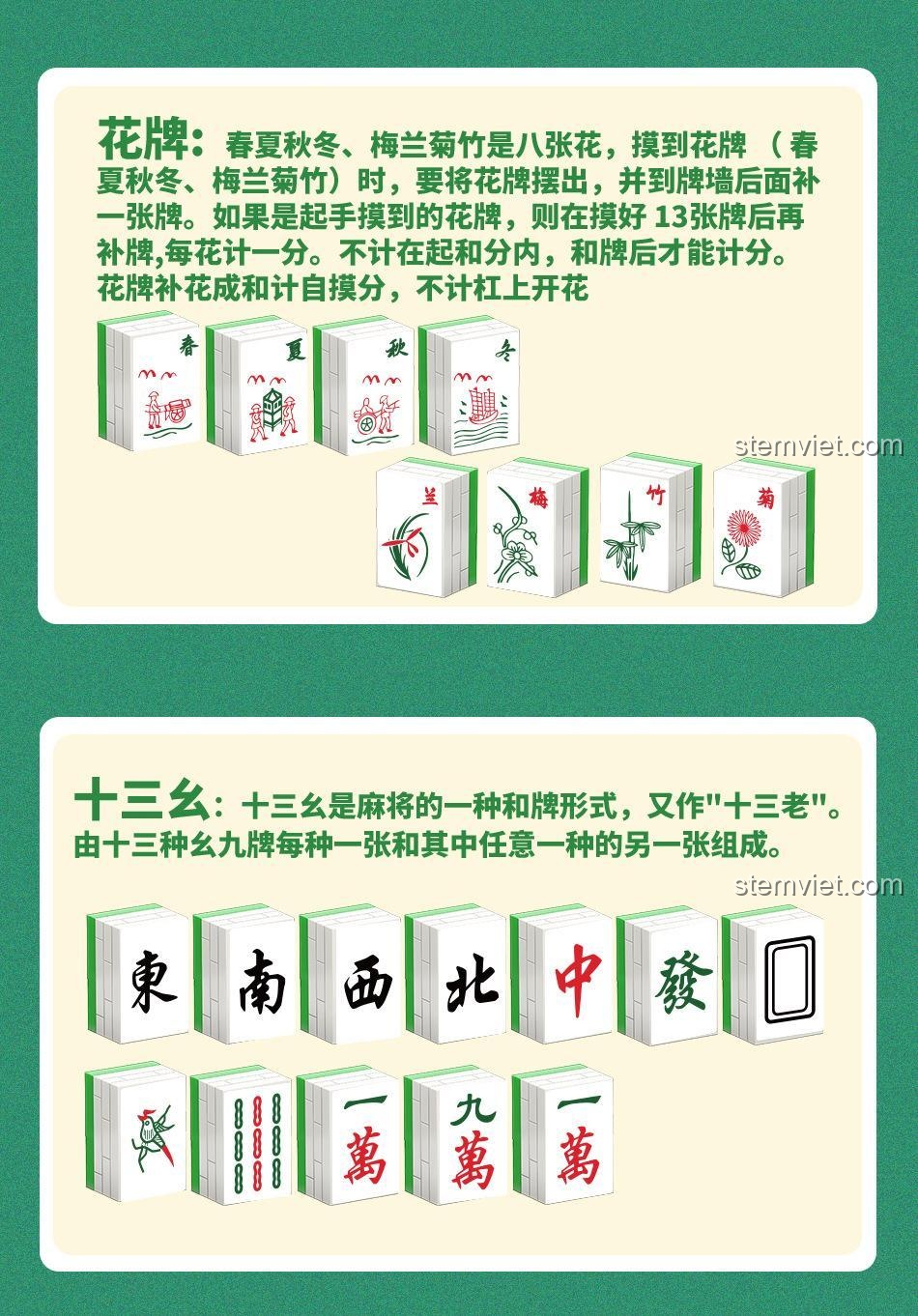 Giải thích Hoa Bài và Thập Tam Yêu trong đồ chơi mô hình MY 97050, Trò Chơi Mạt Chược Xếp Hình MY 97050, tăng cường kỹ năng giải quyết vấn đề.