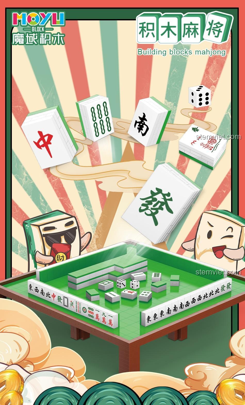 Bộ xếp hình MOYU BLOCK MY97050 với các quân mạt chược và xúc xắc, set đồ chơi Mạt Chược, đồ chơi trí tuệ cho học sinh cấp 1, giá rẻ.