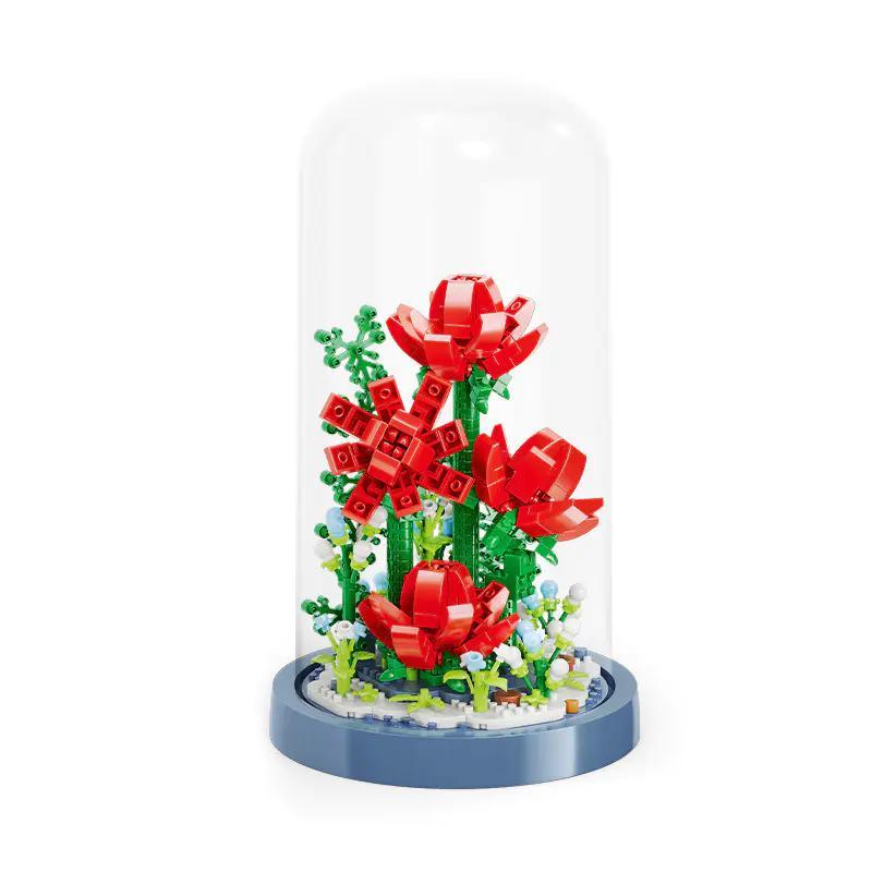 Bộ lắp ghép Chậu Hoa Hồng Lắp Ráp MOYU BLOCK MY97101, mô hình hoa hồng đỏ trong lồng kính, quà tặng ý nghĩa cho bé gái 8 tuổi.