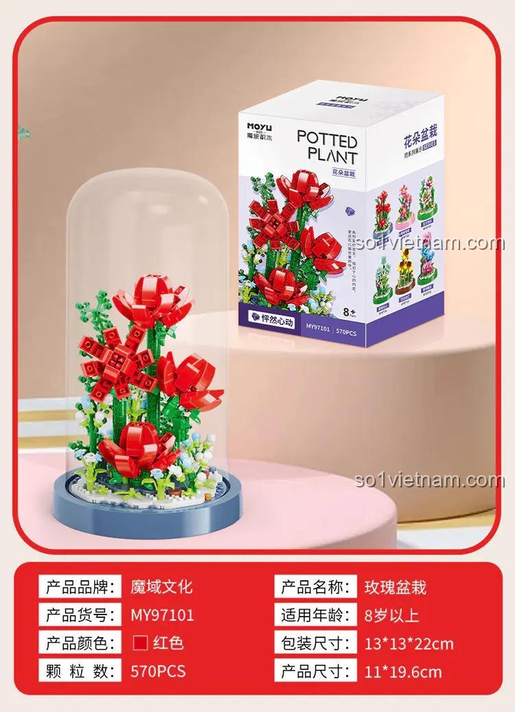Hộp đồ chơi mô hình Hoa Hồng Trong Lồng Kính MOYU BLOCK 97101, gồm 570 chi tiết, kích thước 11x19.6cm, giá tốt.