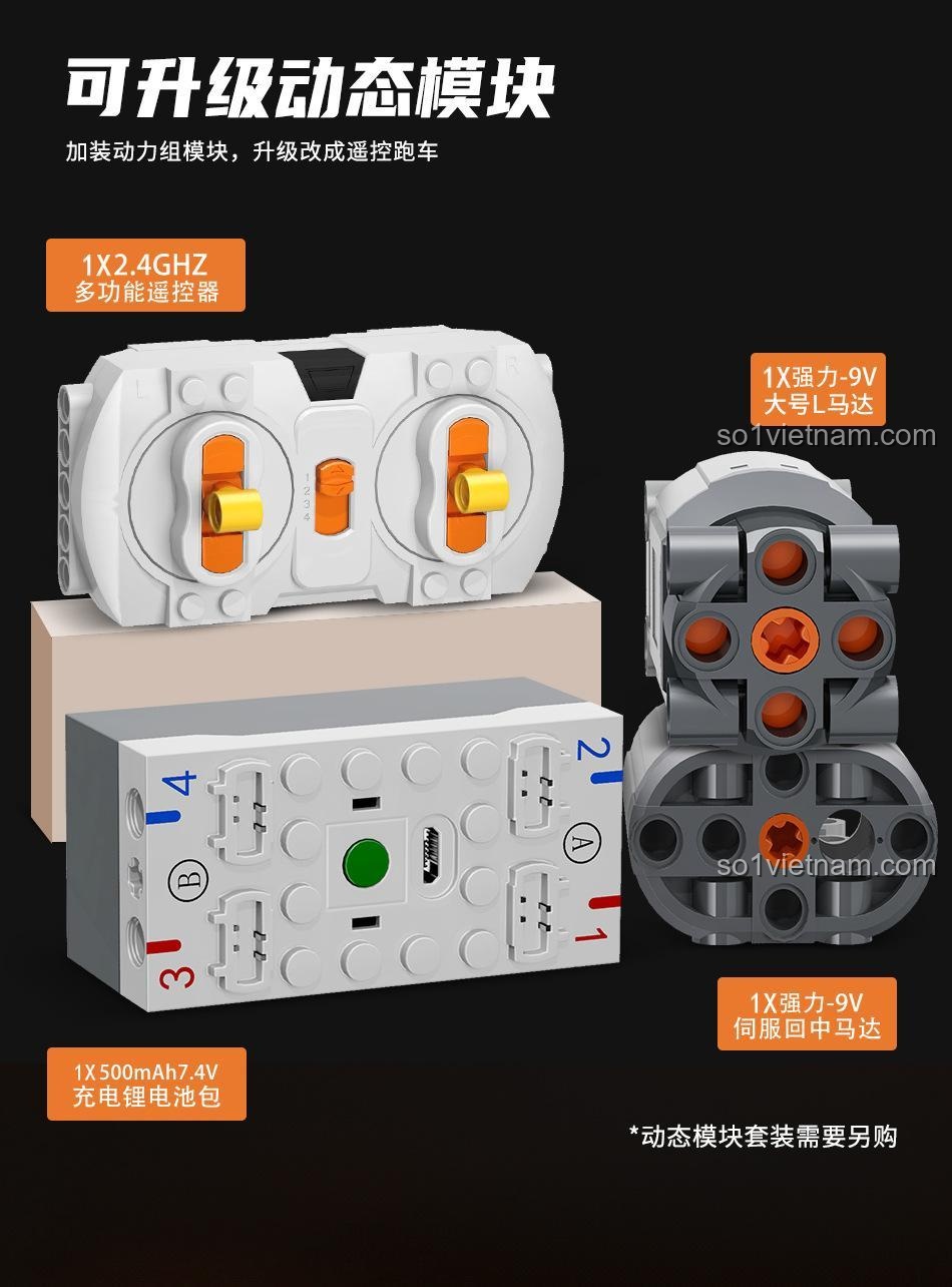 Bộ động cơ và pin sạc (bán riêng) để nâng cấp bộ lắp ghép Xe đua thể thao màu cam thành xe điều khiển từ xa.