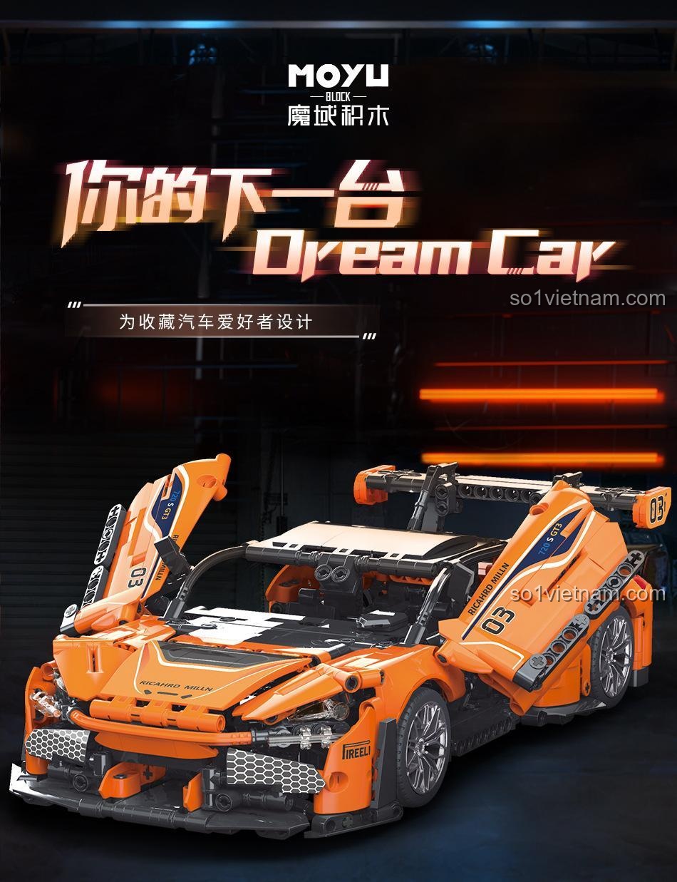 Ảnh quảng cáo Xe đua thể thao màu cam MY88313 với dòng chữ 'Your next Dream Car', khơi gợi đam mê sưu tập.