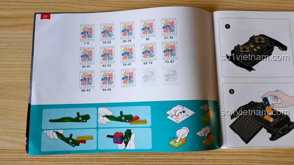 Mục lục trong sách hướng dẫn lắp ráp Sluban M38-B1022, chỉ rõ các túi mảnh ghép tương ứng với từng giai đoạn.