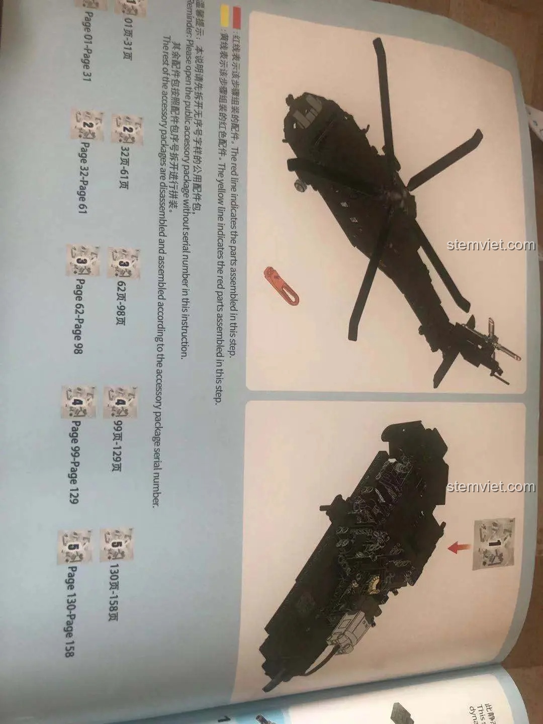 Trang mục lục trong sách hướng dẫn SEMBO 705992, phân chia các bước lắp ráp theo 5 túi chi tiết chính.