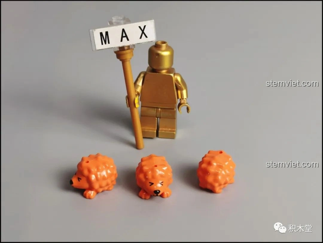 Hai nhân vật mini-figure của bộ lắp ráp Pantasy Joyside 61004: một người đội mũ lưỡi trai cầm búa và một người đội mũ heo.