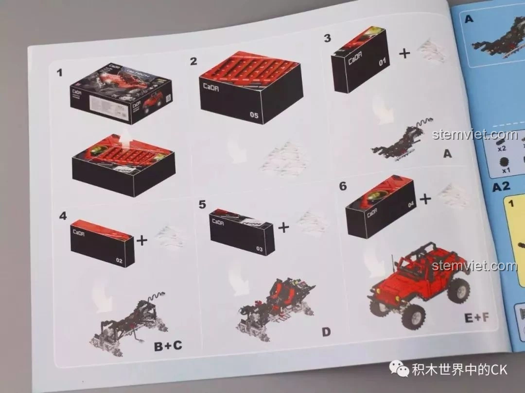 Trang hướng dẫn lắp ráp chi tiết bộ đồ chơi xây dựng CaDA C61006 Jeep Wrangler Rubicon, hiển thị thứ tự các bước.