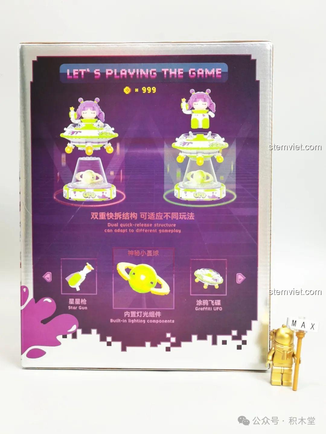 Mặt sau hộp mô tả các tính năng của mô hình phi hành gia nhí iambrick 30202 như cấu trúc tháo rời và đèn.