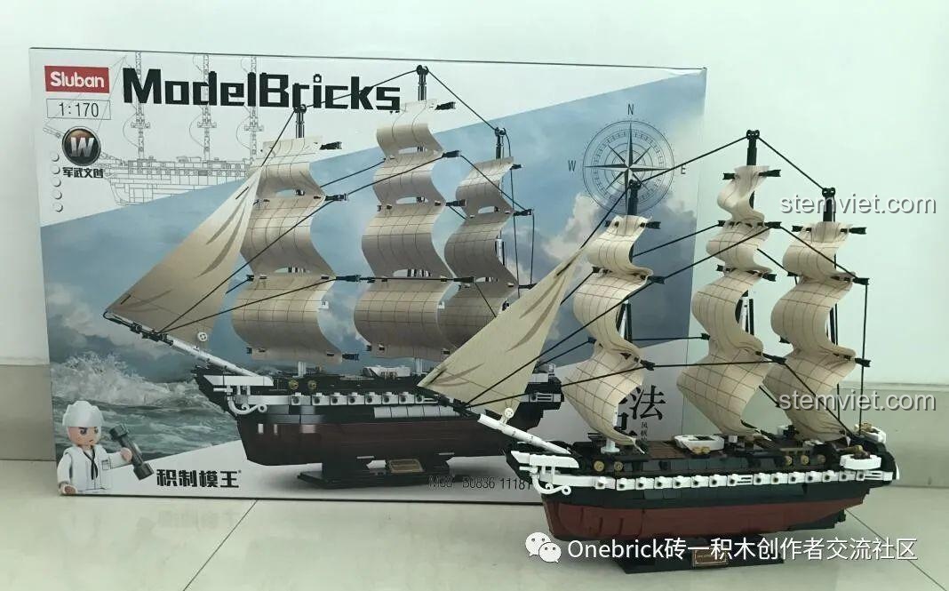 Mô hình Sluban 836 Tàu buồm USS Constitution hoàn thiện được đặt trước hộp, tạo hiệu ứng phản chiếu.