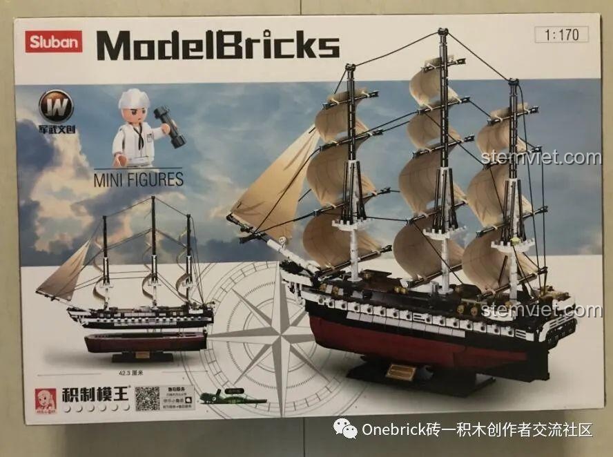Mặt sau hộp bộ lắp ghép Sluban M38 B0836 Tàu chiến ba cột buồm hiển thị các góc nhìn khác của mô hình.