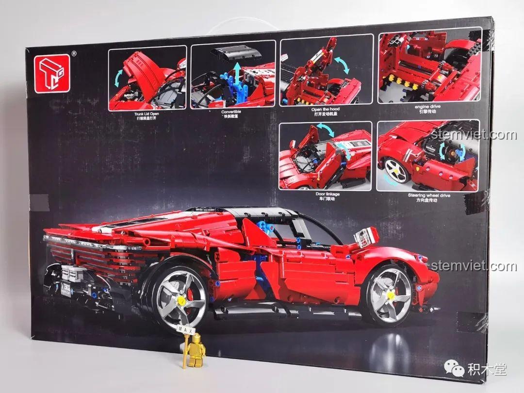 Mặt sau hộp bộ lắp ráp Taigaole T5032, giới thiệu các tính năng có thể mở và chuyển động của mô hình Ferrari Daytona SP3.