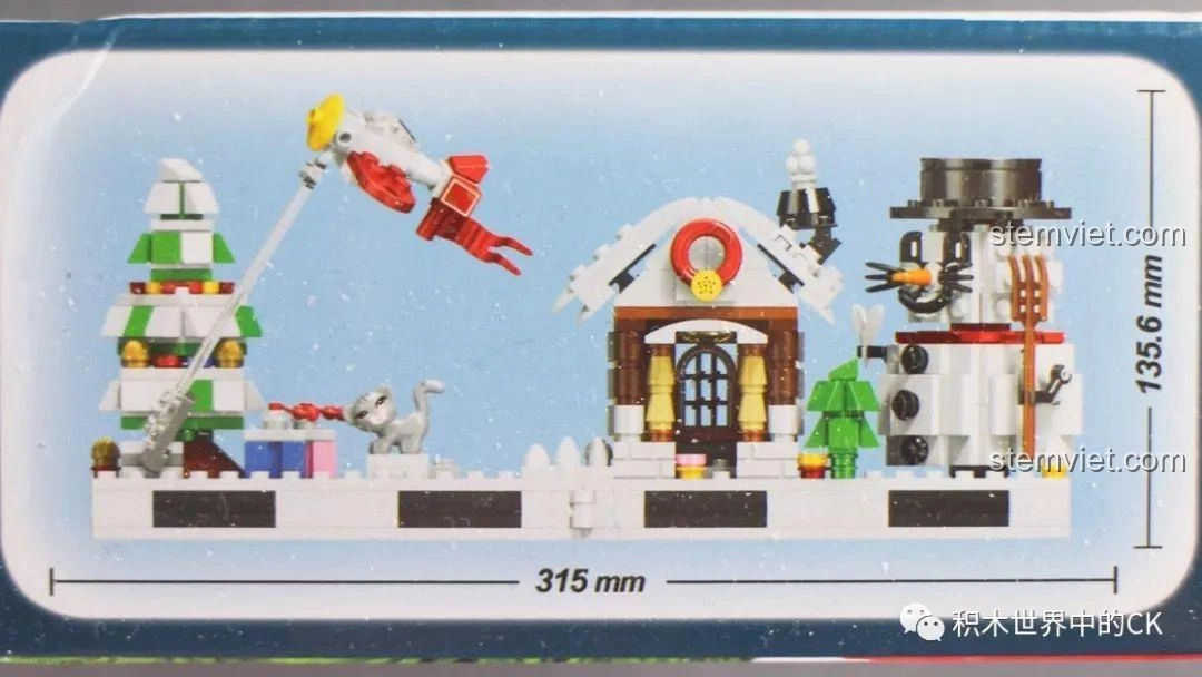 Kích thước chi tiết của mô hình bộ lắp ráp Winner 5034 Giáng Sinh Trắng 4 trong 1 được hiển thị rõ ràng trên hộp.