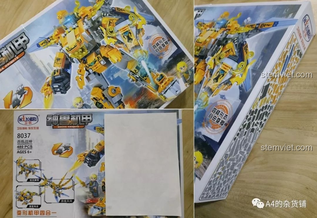 Các góc cạnh của hộp đồ chơi Winner 8037 Thần Thú Cơ Giáp, cho thấy thiết kế và thông tin sản phẩm. Nhận xét Winner 8037 Robot chiến đấu.
