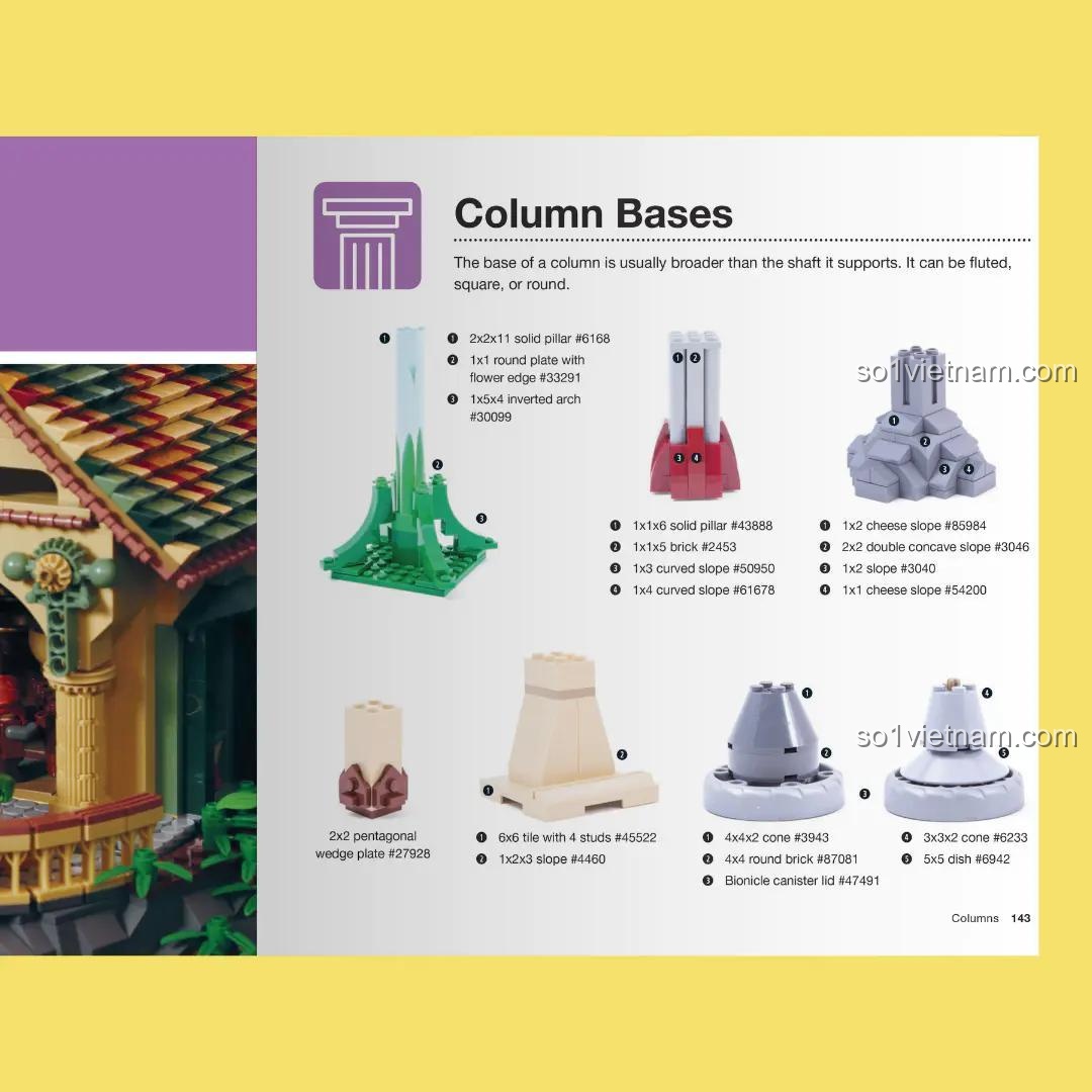 Sách Hướng Dẫn Xây Dựng LEGO® No Starch Press ISBN9781593278212, trang nội dung về các loại cột trụ, giúp phát triển tư duy kiến trúc cho con trai và con gái 14 tuổi.