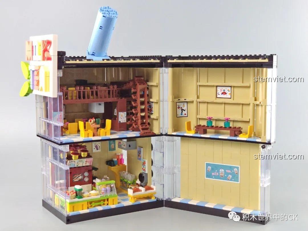 Mô hình Cửa hàng trà sữa JIAZHI SY 5209 mở ra, hiển thị toàn bộ nội thất hai tầng.