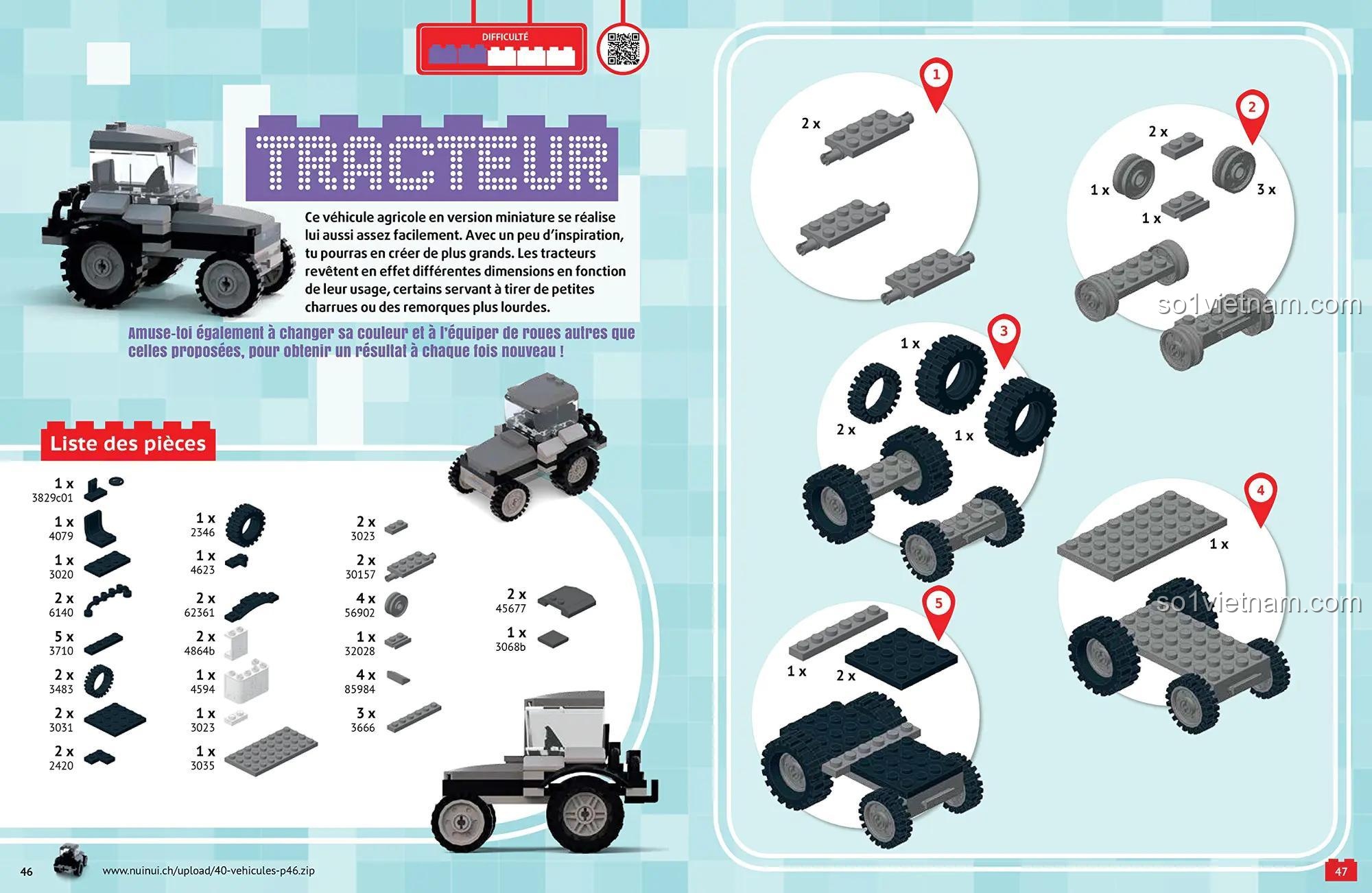 Đồ chơi giáo dục xe NUINUI JEUNESSE ISBN9782889356812, trang hướng dẫn lắp ráp máy kéo, phát triển kỹ năng sáng tạo cho bé trai 6 tuổi.