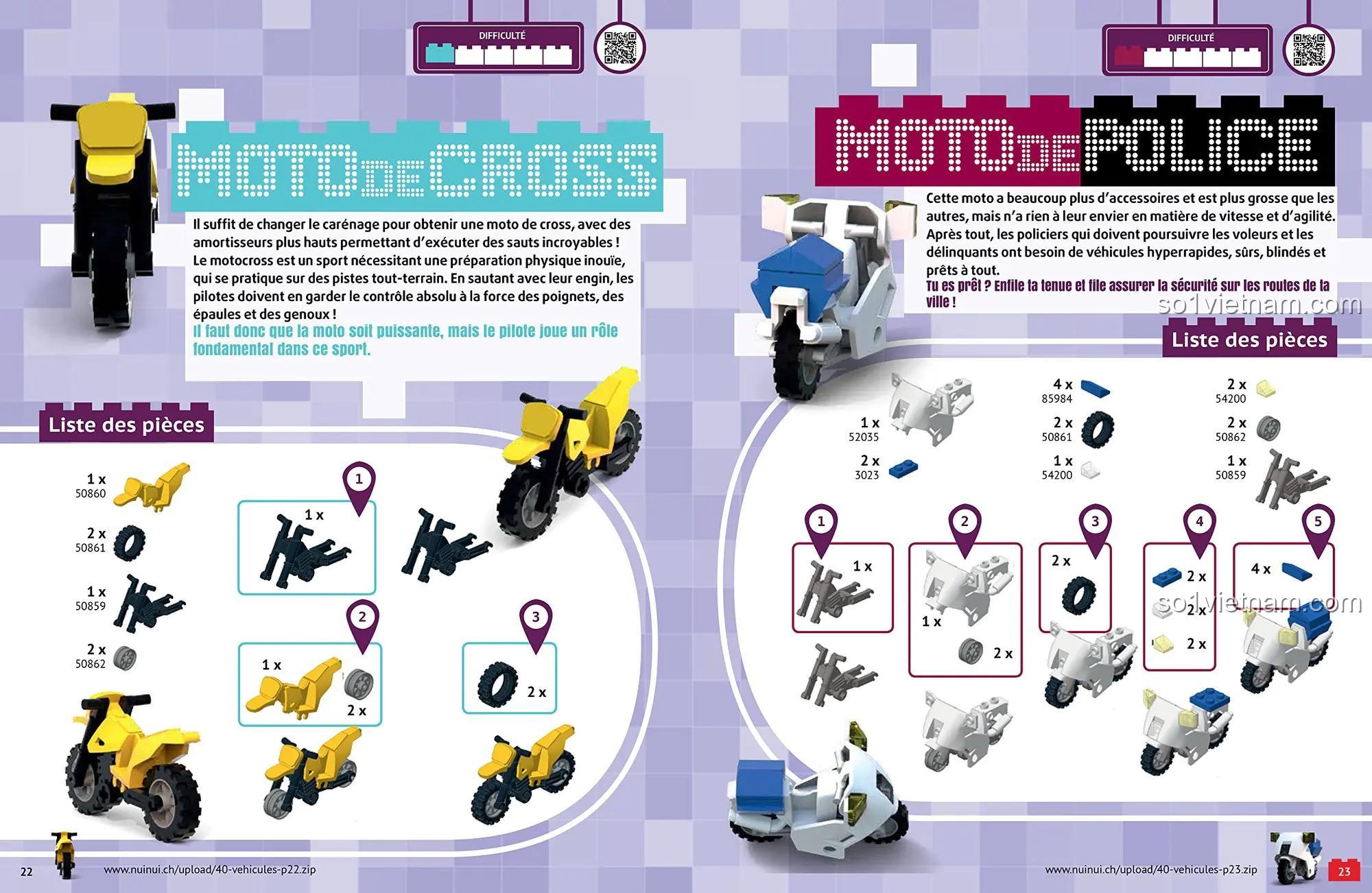 Sách mô hình xe cộ LEGO® NUINUI JEUNESSE ISBN9782889356812, hướng dẫn lắp ráp mô tô địa hình và mô tô cảnh sát chi tiết, đồ chơi giáo dục cho bé trai.